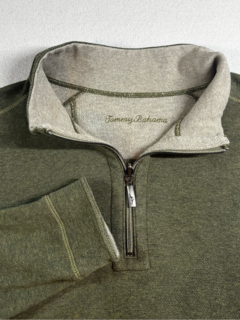 Tommy Bahama Olive Green Half-Zip Sweater with Contrast Collar Reversible